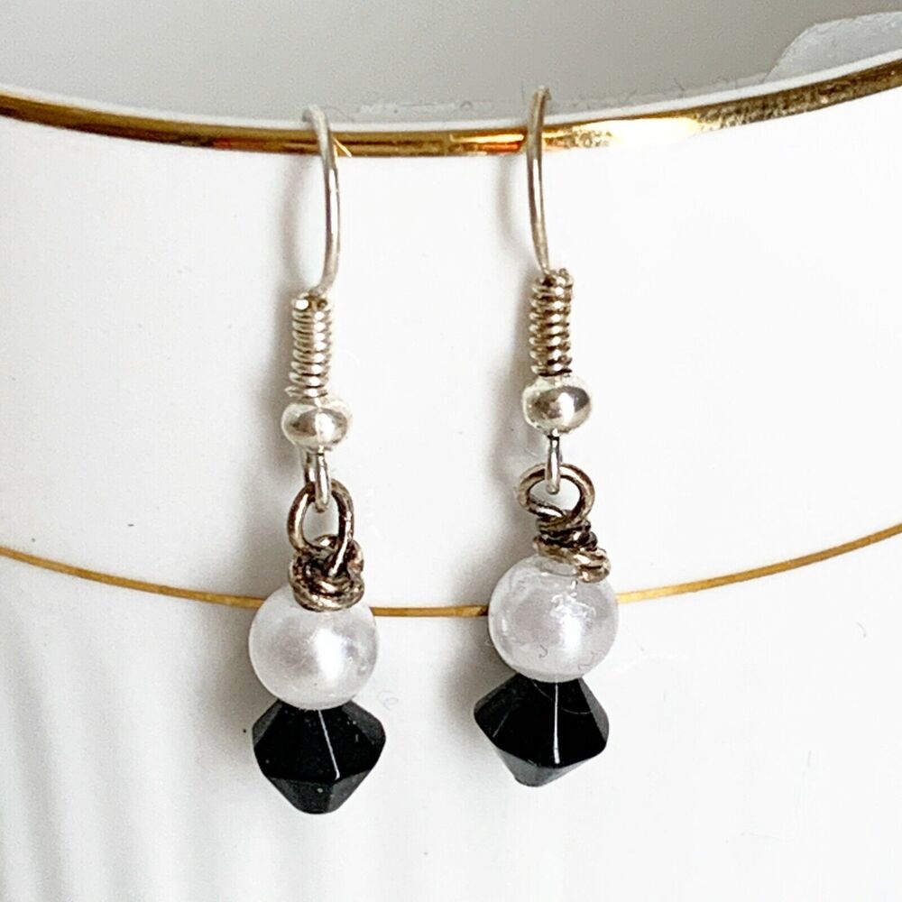 Dressy Black Bead White Pearl Earrings NEW Silver Hook Dangle Party